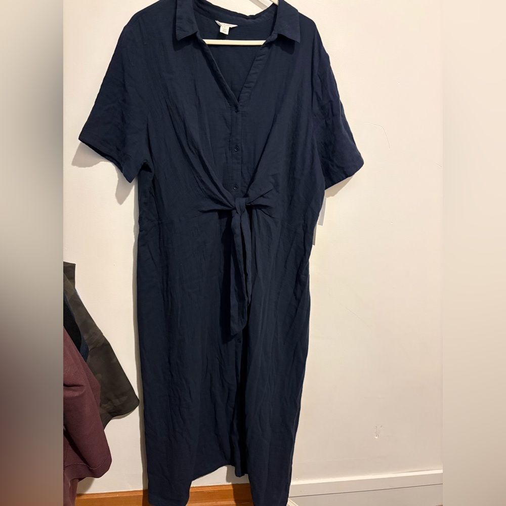 Caslon Navy Midi Button-Front Tie Waist Shirt Dress